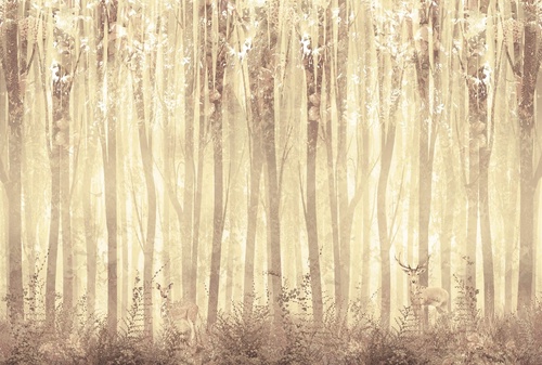 в детскую комнату, лес, желто-коричневая, олени, деревья