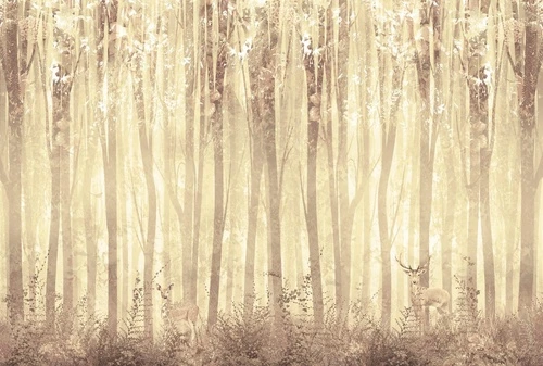 в детскую комнату, лес, желто-коричневая, олени, деревья