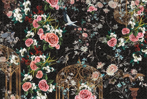 в загородный дом, цветы, на черном фоне, кружево, журавль