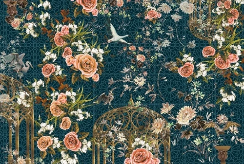 в загородный дом, цветы, на темном фоне, журавль, зеленое кружево