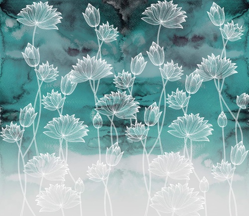 цветы, графика, белые линии, бирюзовая