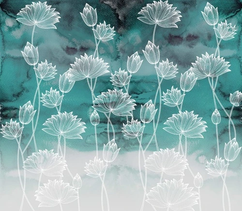 цветы, графика, белые линии, бирюзовая