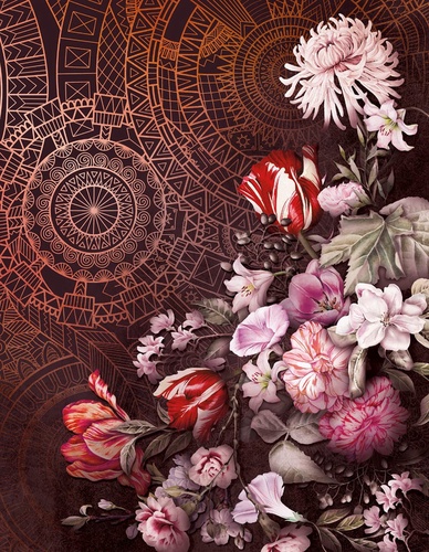 цветы, узоры, золотые, тюльпаны, белые