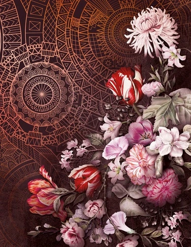 цветы, узоры, золотые, тюльпаны, белые