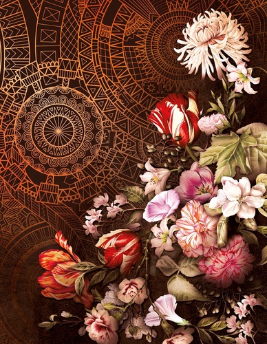 цветы, узоры, золотые, тюльпаны, яркие