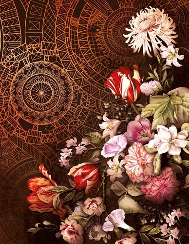 цветы, узоры, золотые, тюльпаны, яркие