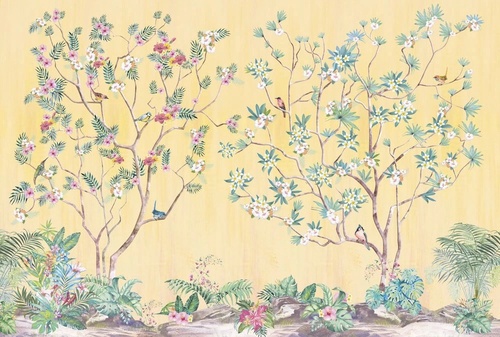 шинуазри, сад, на желтом фоне