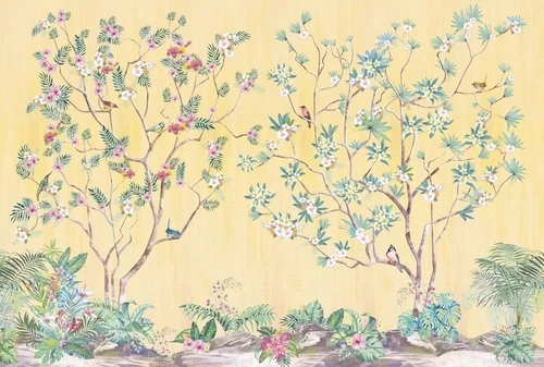 шинуазри, сад, на желтом фоне