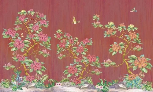 шинуазри, сад, красные цветы, на коричневом фоне