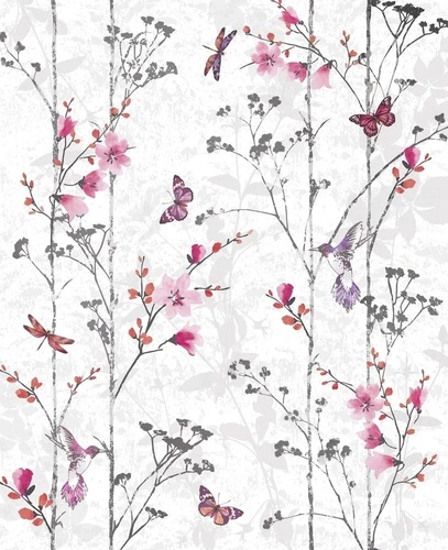 шинуазри, сад, красные цветы, бабочки, на сером фоне