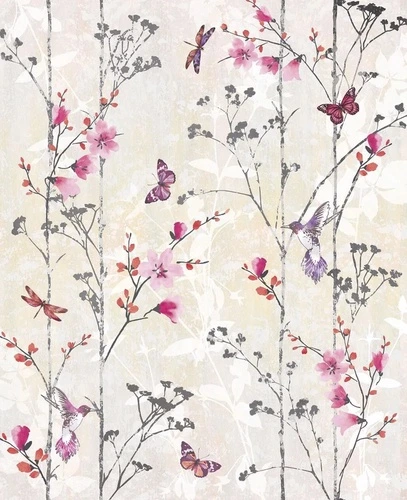 шинуазри, сад, красные цветы, бабочки, на кремовом фоне, на бежевом фоне