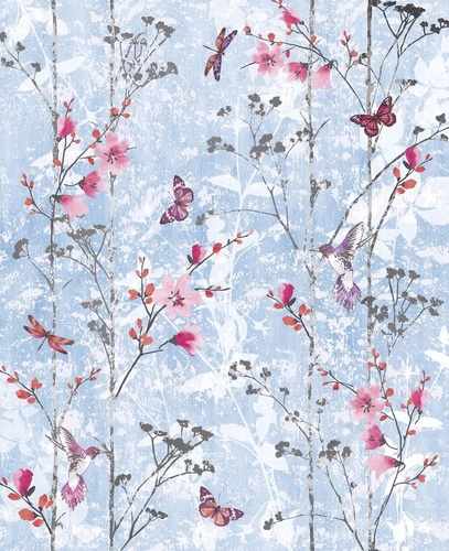 шинуазри, сад, красные цветы, бабочки, на голубом фоне