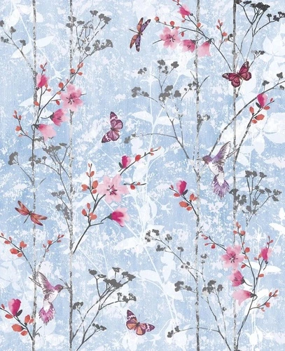 шинуазри, сад, красные цветы, бабочки, на голубом фоне