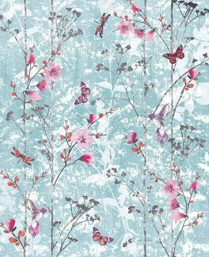 шинуазри, сад, красные цветы, бабочки, на бирюзовом фоне