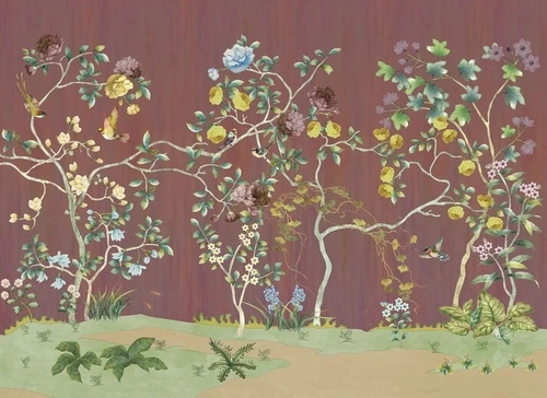 шинуазри, сад, деревья, розы, птицы, на коричневом фоне