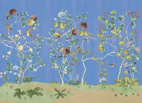 шинуазри, сад, деревья, розы, птицы, на синем фоне