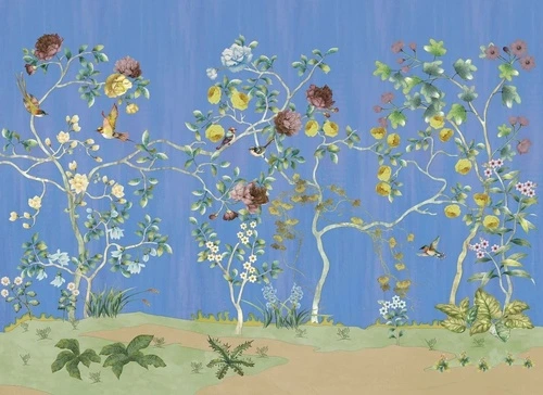 шинуазри, сад, деревья, розы, птицы, на синем фоне