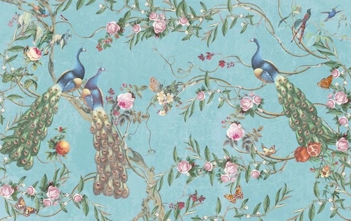 шинуазри, сад, ветки, розы, павлины, на бирюзовом фоне