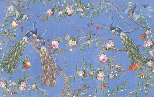 шинуазри, сад, ветки, розы, павлины, на синем фоне