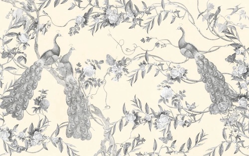 шинуазри, сад, ветки, цветы, павлины, на кремовом фоне