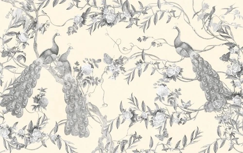 шинуазри, сад, ветки, цветы, павлины, на кремовом фоне