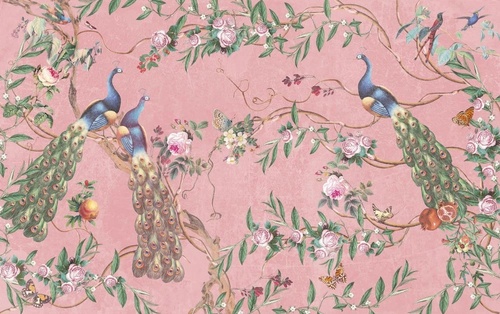 шинуазри, сад, ветки, цветы, павлины, на розовом фоне