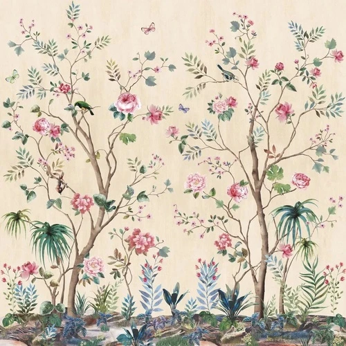 шинуазри, сад, желтая, деревья, птицы, розы