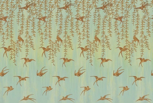 шинуазри, свисающие листья, птицы, коричневые, на зеленом фоне