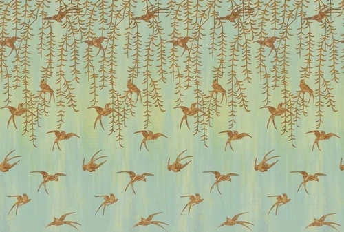 шинуазри, свисающие листья, птицы, коричневые, на зеленом фоне