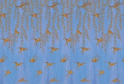 шинуазри, свисающие листья, птицы, коричневые, на синем фоне