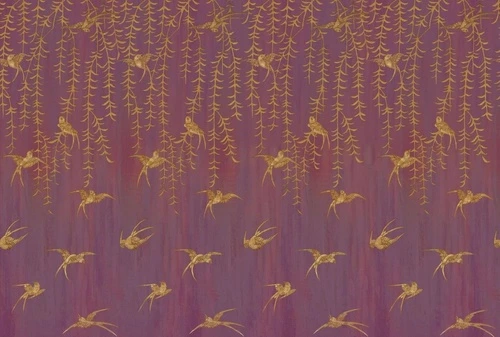 шинуазри, свисающие листья, птицы, коричневые, на бордовом фоне