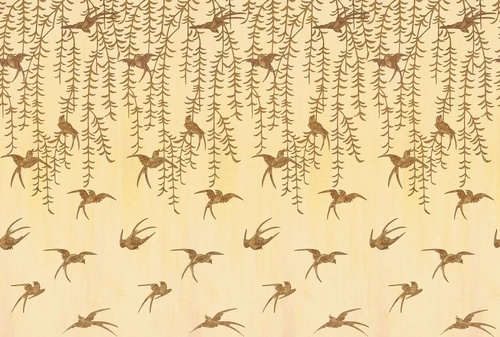 шинуазри, свисающие листья, птицы, коричневые, на желтом фоне