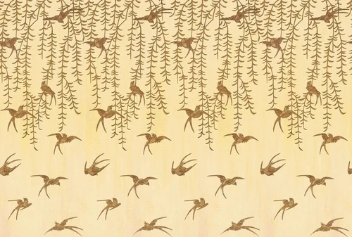 шинуазри, свисающие листья, птицы, коричневые, на желтом фоне
