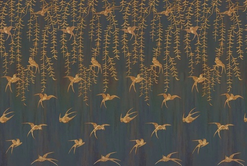 шинуазри, свисающие листья, птицы, коричневые, на черном фоне