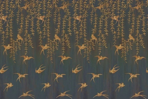 шинуазри, свисающие листья, птицы, коричневые, на черном фоне