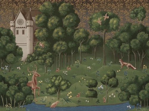 в детскую комнату, гобелен, замок, олень, лиса, зеленая