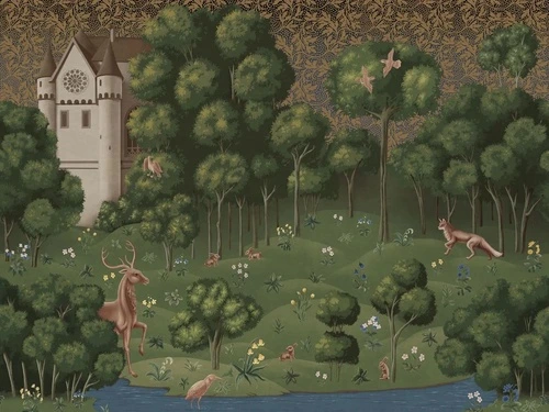 в детскую комнату, гобелен, замок, олень, лиса, зеленая