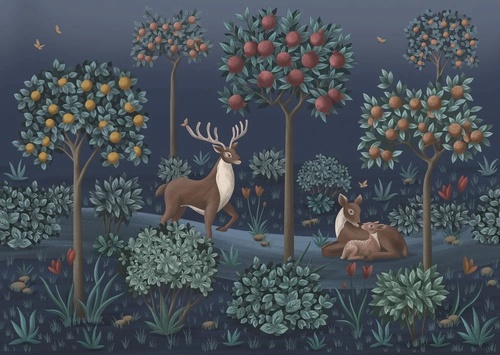 в детскую комнату, гобелен, сад, олень, олененок, темно зеленая