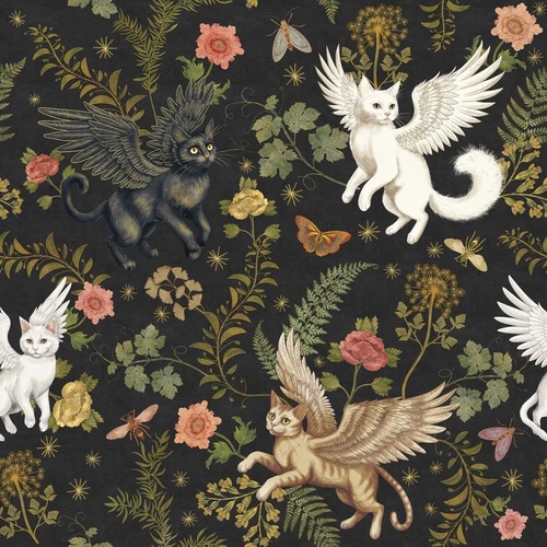 в детскую комнату, гобелен, котики, цветы, на черном фоне