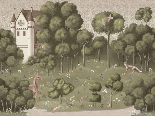 в детскую комнату, гобелен, замок, олень, лиса, светло зеленая