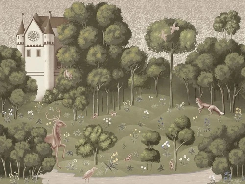в детскую комнату, гобелен, замок, олень, лиса, светло зеленая