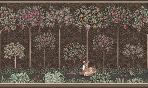 в детскую комнату, гобелен, сад, яблони, олени, коричневые