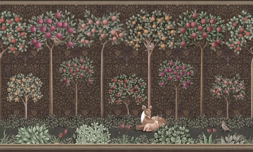 в детскую комнату, гобелен, сад, яблони, олени, коричневые