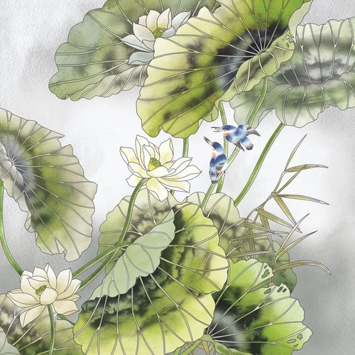 в ванную комнату, графика, листья лотоса, лотосы, зеленая