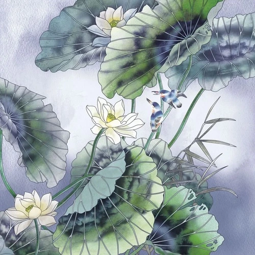 в ванную комнату, графика, лотосы, листья лотосов, сине-зеленая