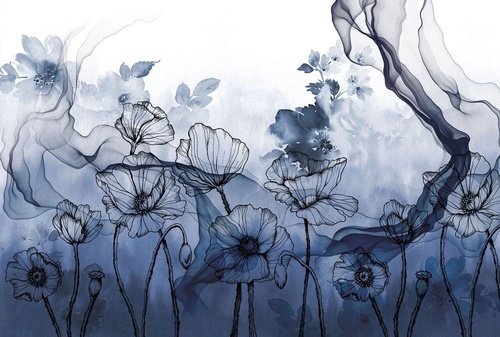 в ванную комнату, графика, цветы, синий