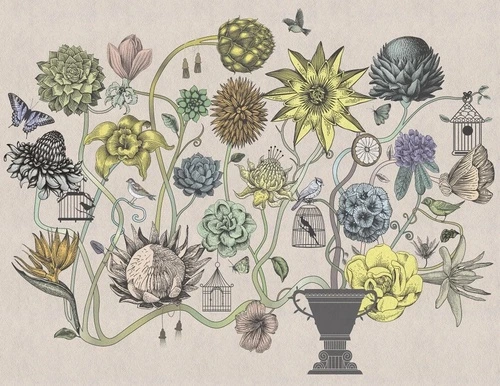 в ванную комнату, графика, цветы, на бежевом фоне