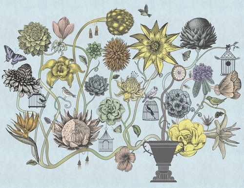 в ванную комнату, графика, цветы, на голубом фоне