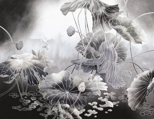 в ванную комнату, графика, лотосы, листья лотосов, черно-белые