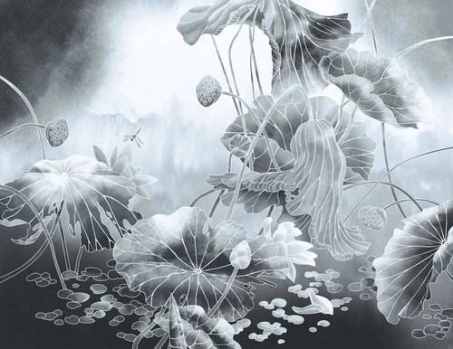 в ванную комнату, графика, лотосы, листья лотосов, голубая